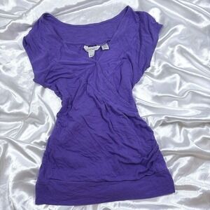 y2k Derek Heart Ruched Surplice Top Purple V-Neck Cap Sleeve Stretch